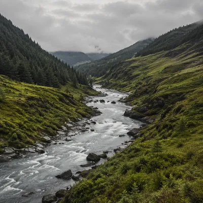 Peaceful River Through Evergreen Valley