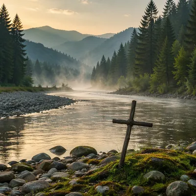 Peaceful River in Evergreen Valley at Dawn
