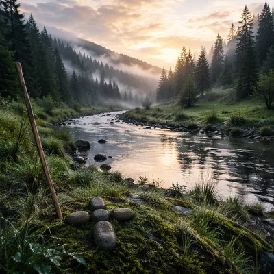 Peaceful River in Misty Evergreen Valley