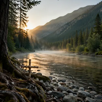 Peaceful Evergreen Valley River at Sunrise