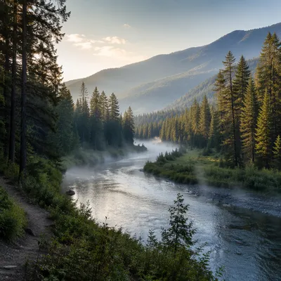 Peaceful Evergreen River Valley at Sunrise