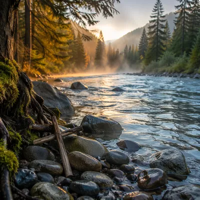 Peaceful Evergreen Valley River at Sunrise