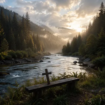 Peaceful Evergreen River Valley with Wooden Cross