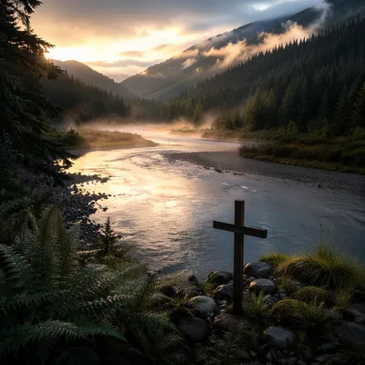Peaceful River Valley With Humble Cross