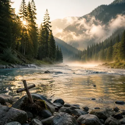 Peaceful Evergreen Valley River at Sunrise