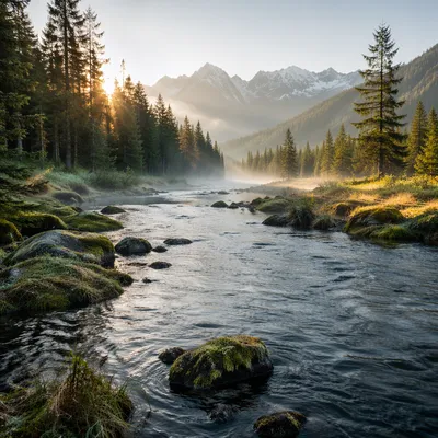 Peaceful Evergreen River Valley at Dawn