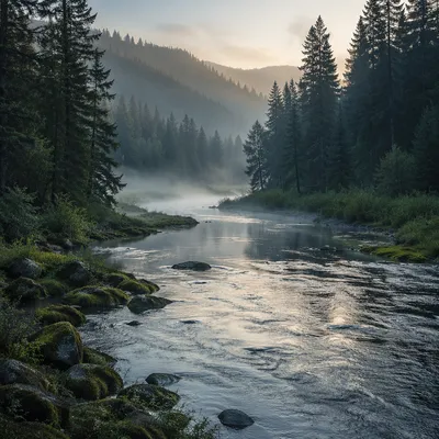 Peaceful River Through Evergreen Valley Dawn