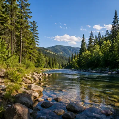 Peaceful River in Evergreen Mountain Valley