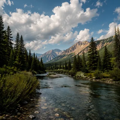Peaceful River Through Evergreen Mountain Valley