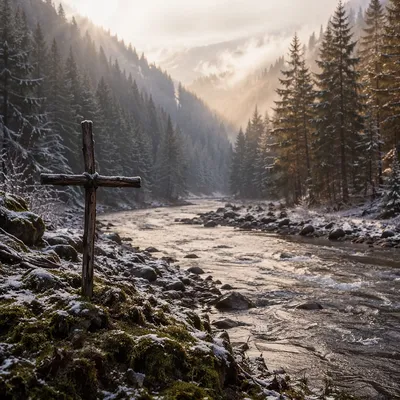 Peaceful Winter River in Evergreen Valley