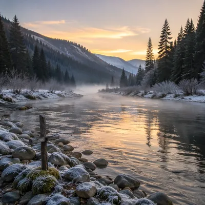 Peaceful Evergreen Valley River at Dawn
