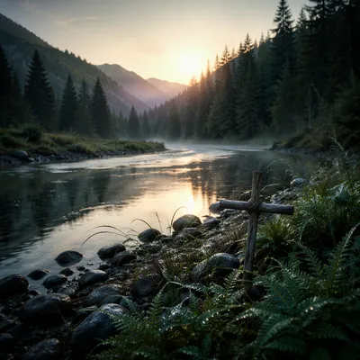 Peaceful Evergreen Valley River With Wooden Cross