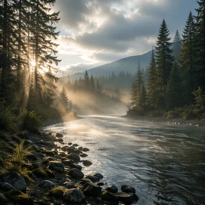 Peaceful River Through Evergreen Morning Valley