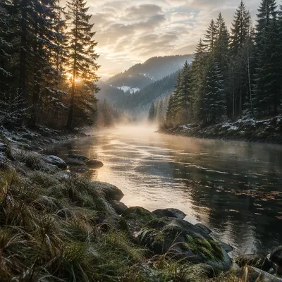 Peaceful Evergreen River Valley at Dawn