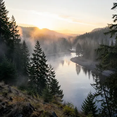 Peaceful Evergreen River Valley at Sunrise
