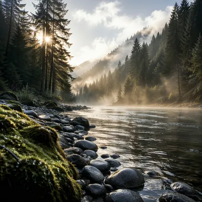 Peaceful River Through Evergreen Valley