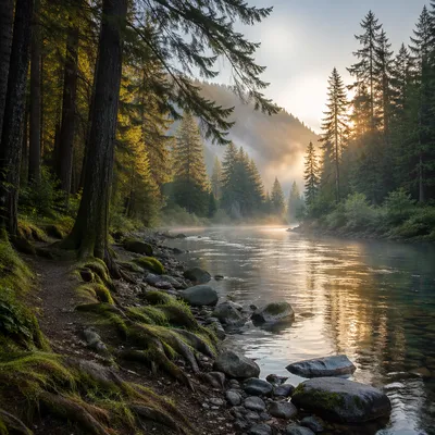Peaceful Evergreen River Valley at Sunrise