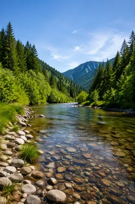 Peaceful Evergreen River Valley in Summer