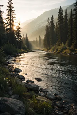 Peaceful Evergreen River Valley at Dawn
