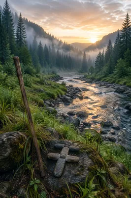 Peaceful River in Misty Evergreen Valley