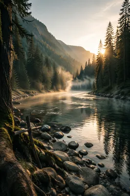 Peaceful Evergreen River Valley at Sunrise