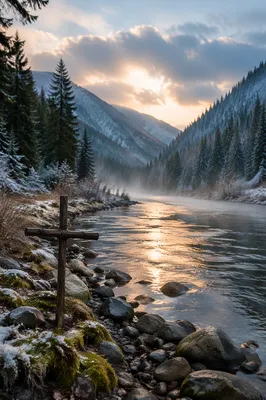 Peaceful Evergreen Valley River at Dawn