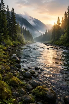 Peaceful River Through Evergreen Valley