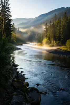 Peaceful River Through Evergreen Valley