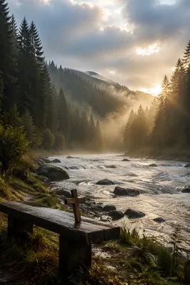 Peaceful Evergreen Valley River with Wooden Cross