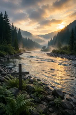 Peaceful Evergreen Valley River with Humble Cross
