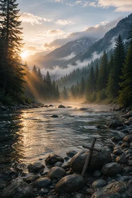 Peaceful Evergreen River Valley at Sunrise
