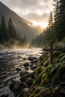 Peaceful Evergreen River Valley at Dawn