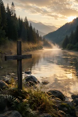 Wooden Cross by Peaceful Evergreen River