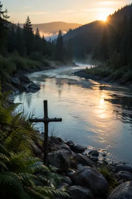 Peaceful Evergreen River Valley With Wooden Cross