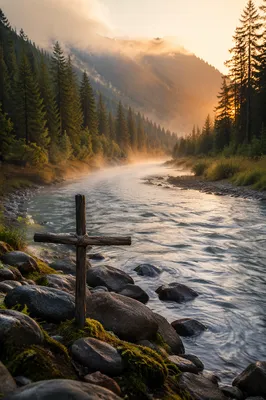 Peaceful Evergreen Valley River with Wooden Cross