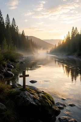 Peaceful Evergreen River Valley at Dawn