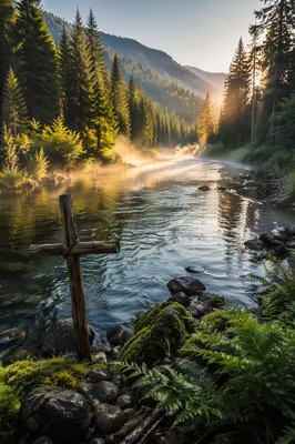 Peaceful Evergreen Valley River with Wooden Cross