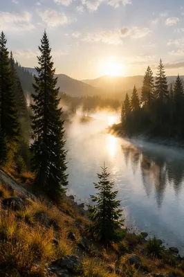 Peaceful Evergreen River Valley at Sunrise