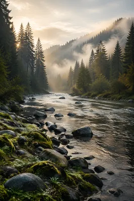 Peaceful Evergreen Valley River at Dawn
