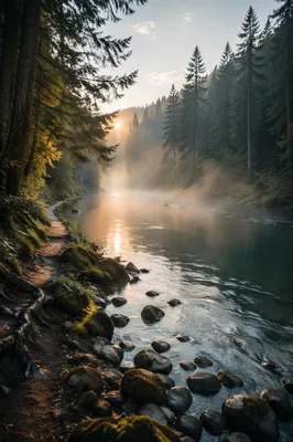 Peaceful River in Evergreen Morning Valley