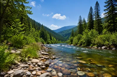 Peaceful River Through Evergreen Valley