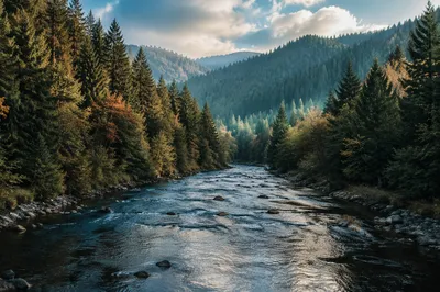 Peaceful Evergreen Valley River at Golden Hour