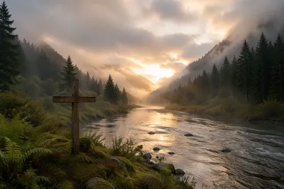 Peaceful River Valley with Wooden Cross