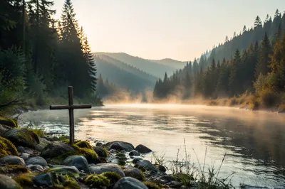 Peaceful River Valley with Wooden Cross