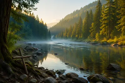 Peaceful Evergreen River Valley at Sunrise