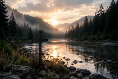 Peaceful River Valley with Wooden Cross