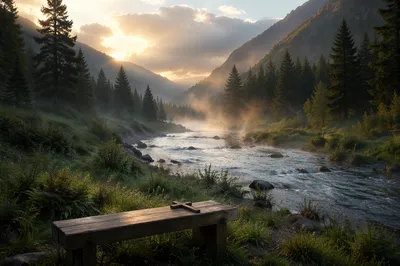 Peaceful Evergreen Valley River with Wooden Cross