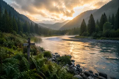 Peaceful River Valley with Humble Wooden Cross