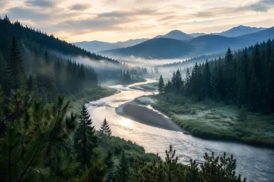 Peaceful River Through Evergreen Mountain Valley