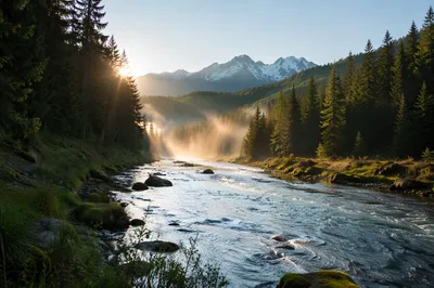Peaceful Evergreen River Valley at Dawn